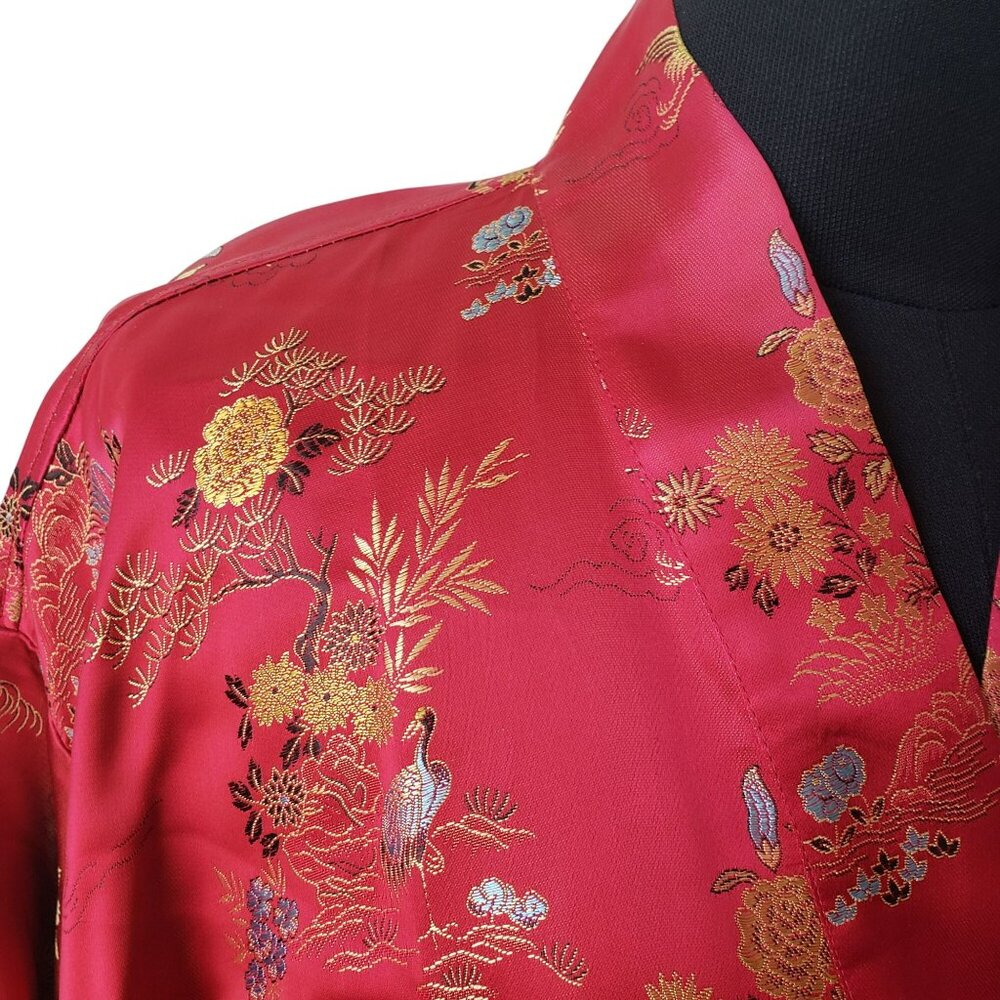 Vintage Red Embroidered Long Kimono Robe with Belt Made in China - Picture 2 of 13